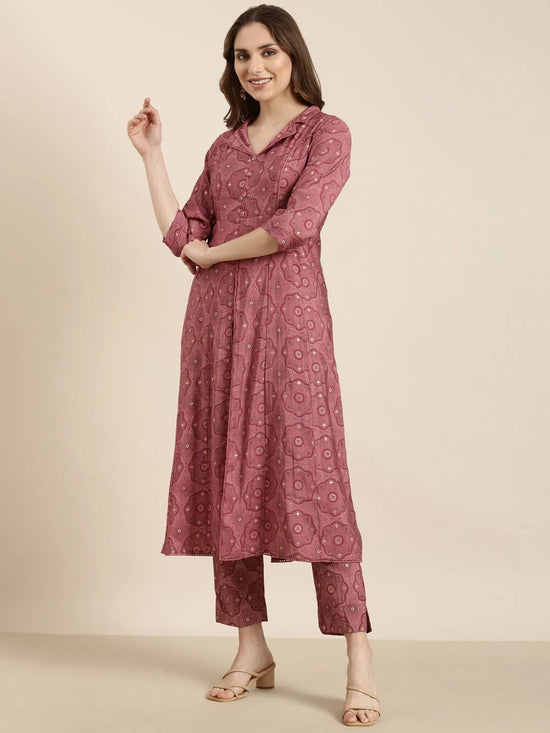 Women A-Line Pink Ethnic Motifs Kurta and Trousers Set-RJF-048-Pink