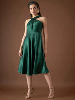 Draped neck midi dress in Green Color