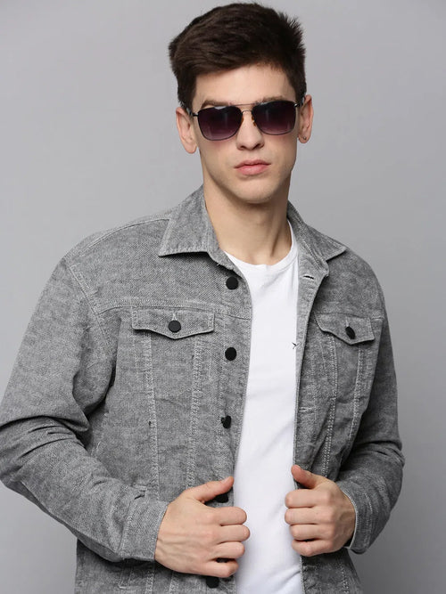 Men Grey Solid Western Jacket-BSRN-124-Grey