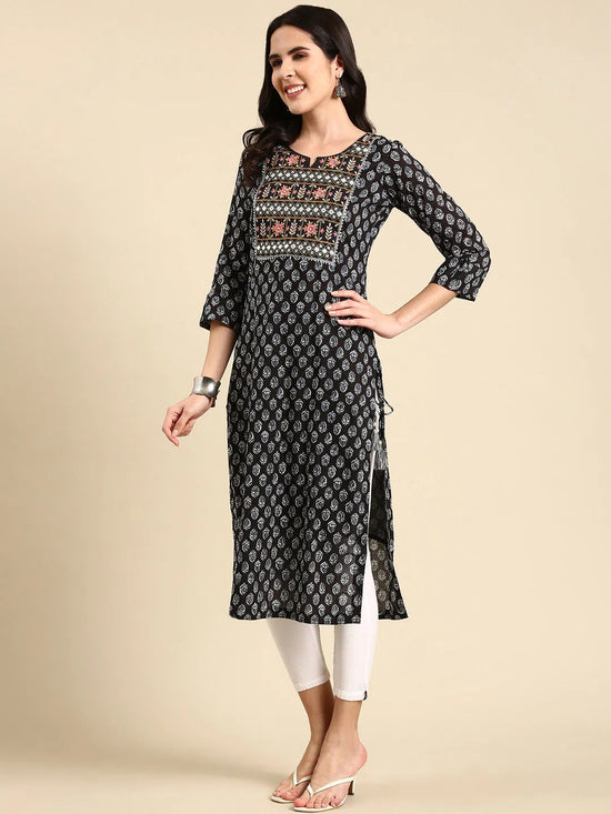 Women's Black Printed Straight Kurta-AT-A752-Black