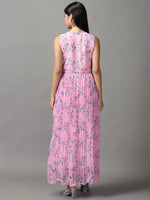 Women's Pink Floral Fit and Flare Dress-KG-502-Pink