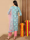 Ahika Women blue Cotton Blend Printed Straight Kurta Pant Set