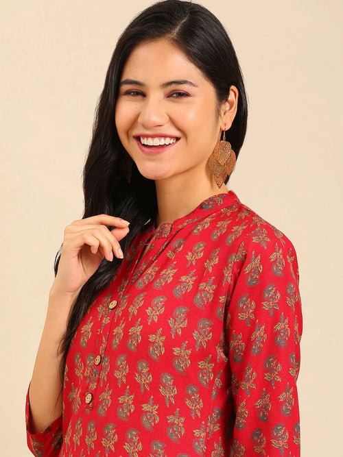 Women's Red Printed Straight Kurta-GW-500-2-Red