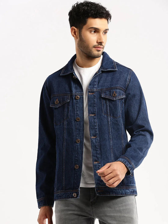 Men Navy Blue Spread Collar Solid Denim Jacket-IB-DJ-07-3-Navyblue