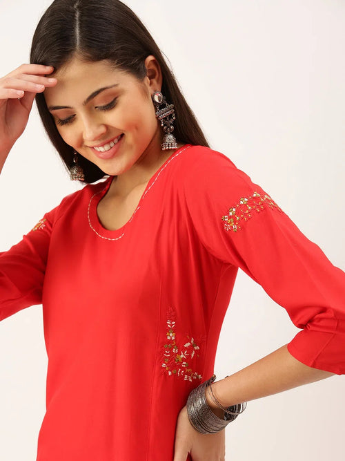 Women's Red Solid Straight Kurta-DF-1203-Red