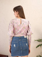 Women Lilac Floral Smocking Sleeve Crop Top