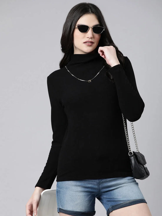 Women Solid Black Top Comes with Neck Chain-3910-Black