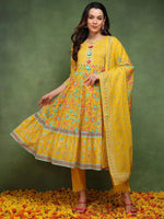 Ahika Women Yellow Pure Cotton Floral Printed Anarkali Kurta Trouser With Dupatta