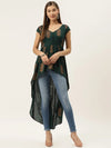 High low block printed top  in Bottle Green