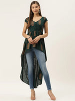 High low block printed top  in Bottle Green