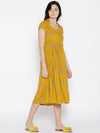 Midi pleated dress with lavender print on Mustard