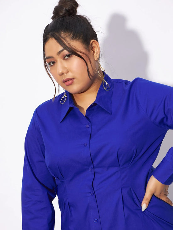 Women Royal Blue Poplin Pleated Slim Waist Shirt