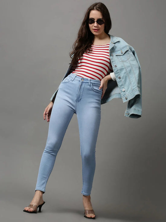 Women's Blue Solid Skinny Fit Denim Jeans-GZ-5349-Blue