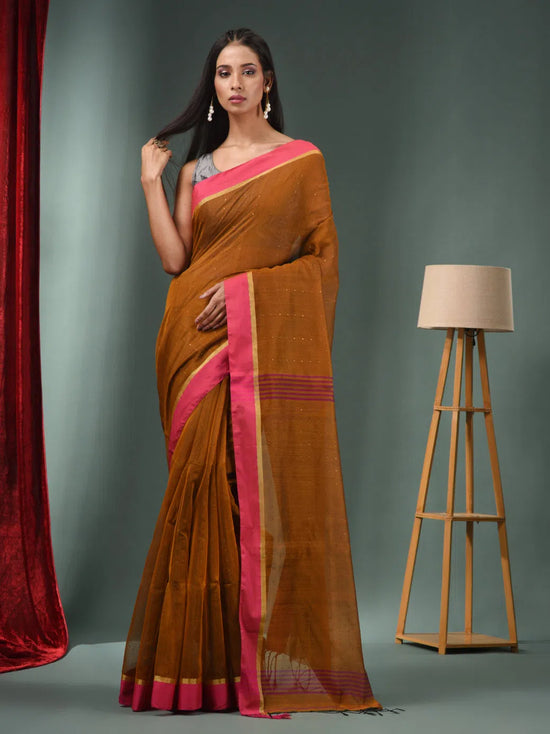 Ochre Yellow Cotton Blend Handwoven Saree With Texture Designs-MA50BCT06830077