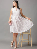 Women's White Floral Fit and Flare Dress-AE-15707-White