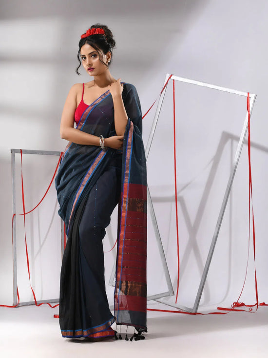 Grey Cotton Saree With Sequine Work And Zari Stripe Pallu-MA55CT06520121