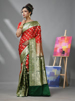 Red And Green Katan Silk Banarasi Patli Pallu Saree With Ethnic Motifs And Zari Woven Designs-MA52KA441380067