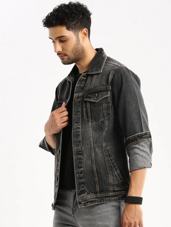 Men Grey Spread Collar Solid Denim Jacket-IB-DJ-09-Grey