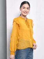 Yellow Dobby Ruffle Sleeve Top