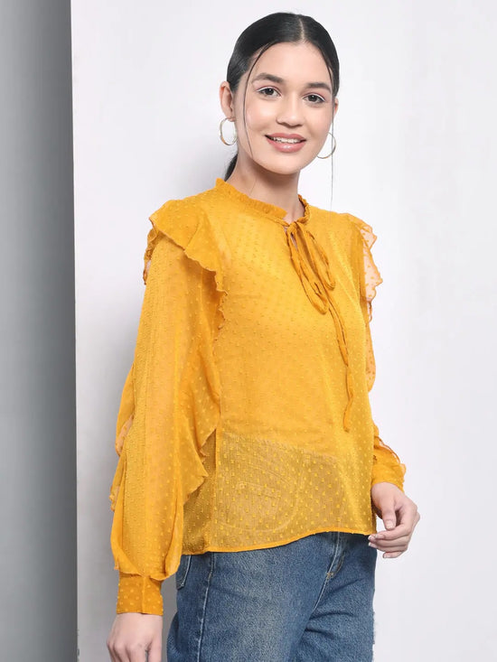 Yellow Dobby Ruffle Sleeve Top