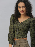 Women's Green Printed Tops-AE-10312-Oliveblack