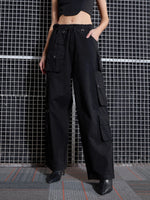 Women Black Poplin Multi Pocket Cargo Pants