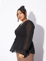 Women Black Dobby Peplum Top