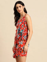 Overlap Mini Dress with side tie up in Red Ikkat Print