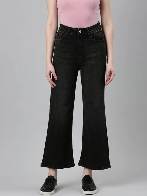 Women Charcoal Solid Wide Leg Denim Jeans-GZ-5508-1-Charcoal