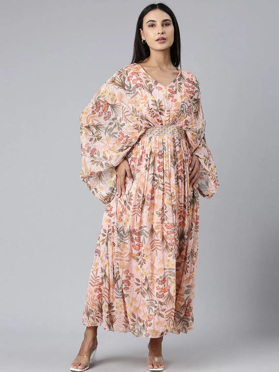 Women Peach Floral Maxi Dress-DW-4837-Peach