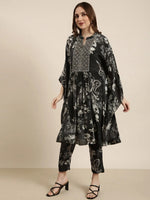 Women Kaftan Charcoal Ethnic Motifs Kurta and Trousers Set-DW-5843-Charcoal