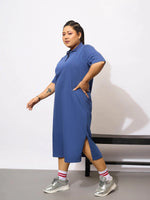 Women Navy Blue Polo Neck T Shirt Dress