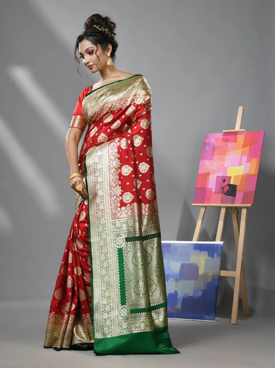 Red Silk Banarasi Saree With Damask Motifs And Woven Degins-MA52BSL441050091