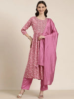 Women Pink Floral Kurta Set-GW-3851-Pink