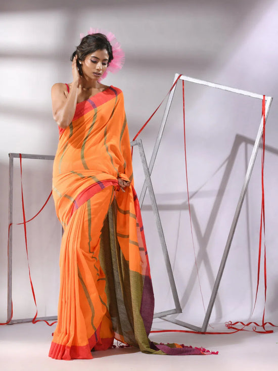 Orange Cotton Saree With Stripes Designs-MA55CT06520060