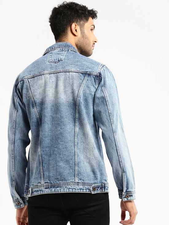 Men Blue Spread Collar Solid Denim Jacket-IB-DJ-07-4-Blue