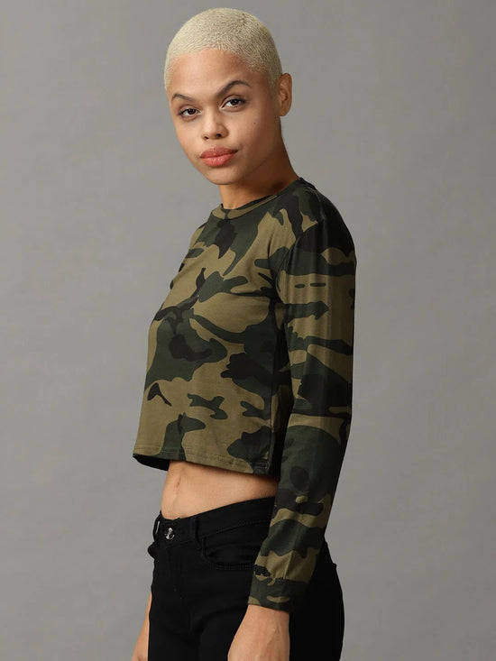 Women's Green Printed Crop Top-AE-10474-Olive