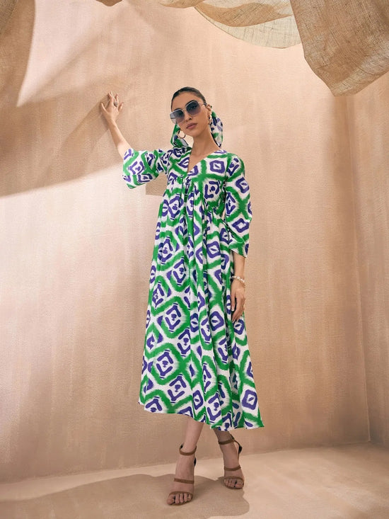 Women Green & Blue Ikat V-Neck Gathered Midi Dress