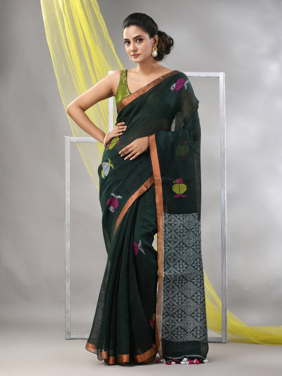 Bottle Green Linen Soft Saree-MA57LN331430038