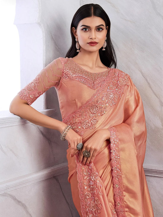 Saree Mall Women's Chiffon Peach Embellished Designer Saree With Blouse Piece-SILVER29006