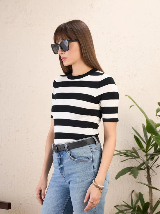 Women Black & White Striped Acrylic Top