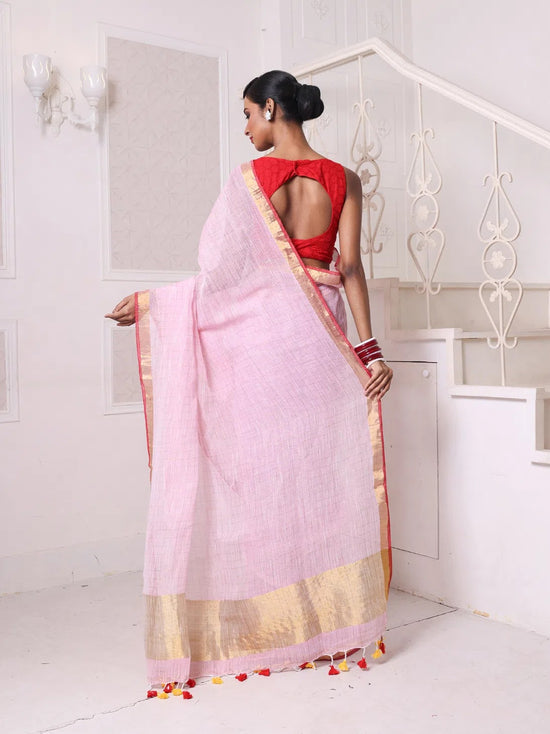 Pink Checkbox Designs Soft Linen Saree With Zari Borders-MA62LN33990025