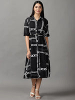 Women's Black Printed Fit and Flare Dress-AE-444133-Black