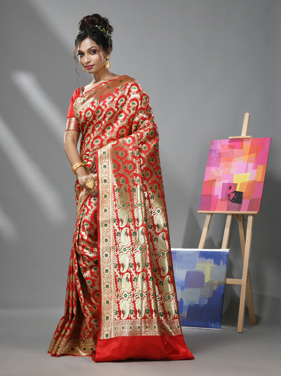 Red Katan Silk Banarasi Saree With Ethnic Motifs And Meena Designs-MA52KA441380083