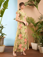 Women Olive Floral Sweet Heart-Neck Midi Dress