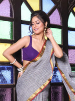 Grey Checkbox Designs Soft Linen Saree With Zari Borders-MA62LN33990024