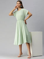 Women's Green Striped Fit and Flare Dress-AE-9873-Green