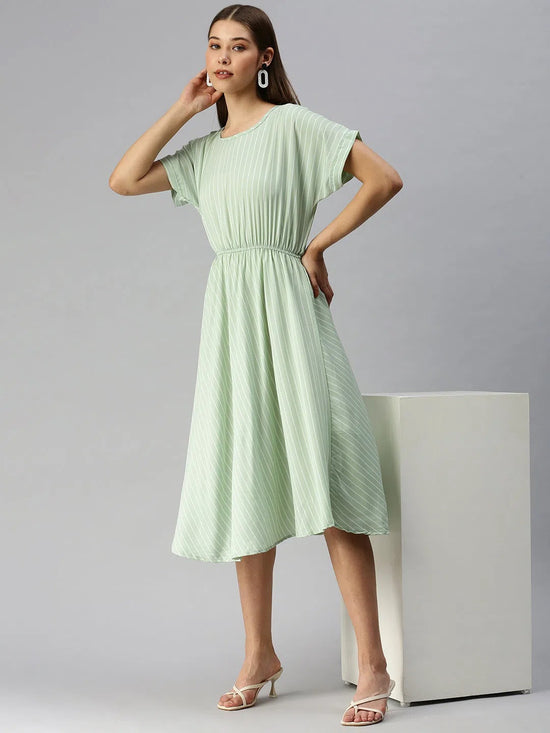 Women's Green Striped Fit and Flare Dress-AE-9873-Green