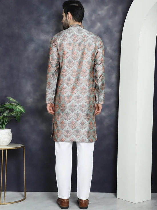 Men Silver Silk Blend Straight Kurta Pyjama Set-JOKP-P-5043Silver