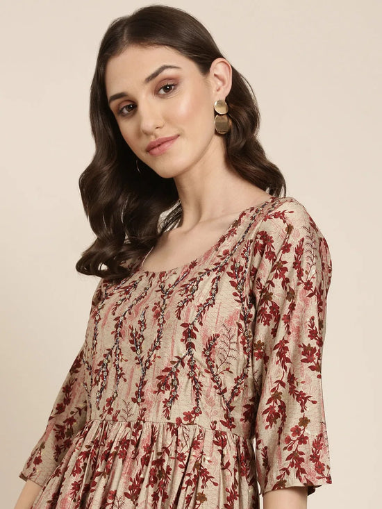 Women Beige Floral Kurta Set-SKC-1207-Beige